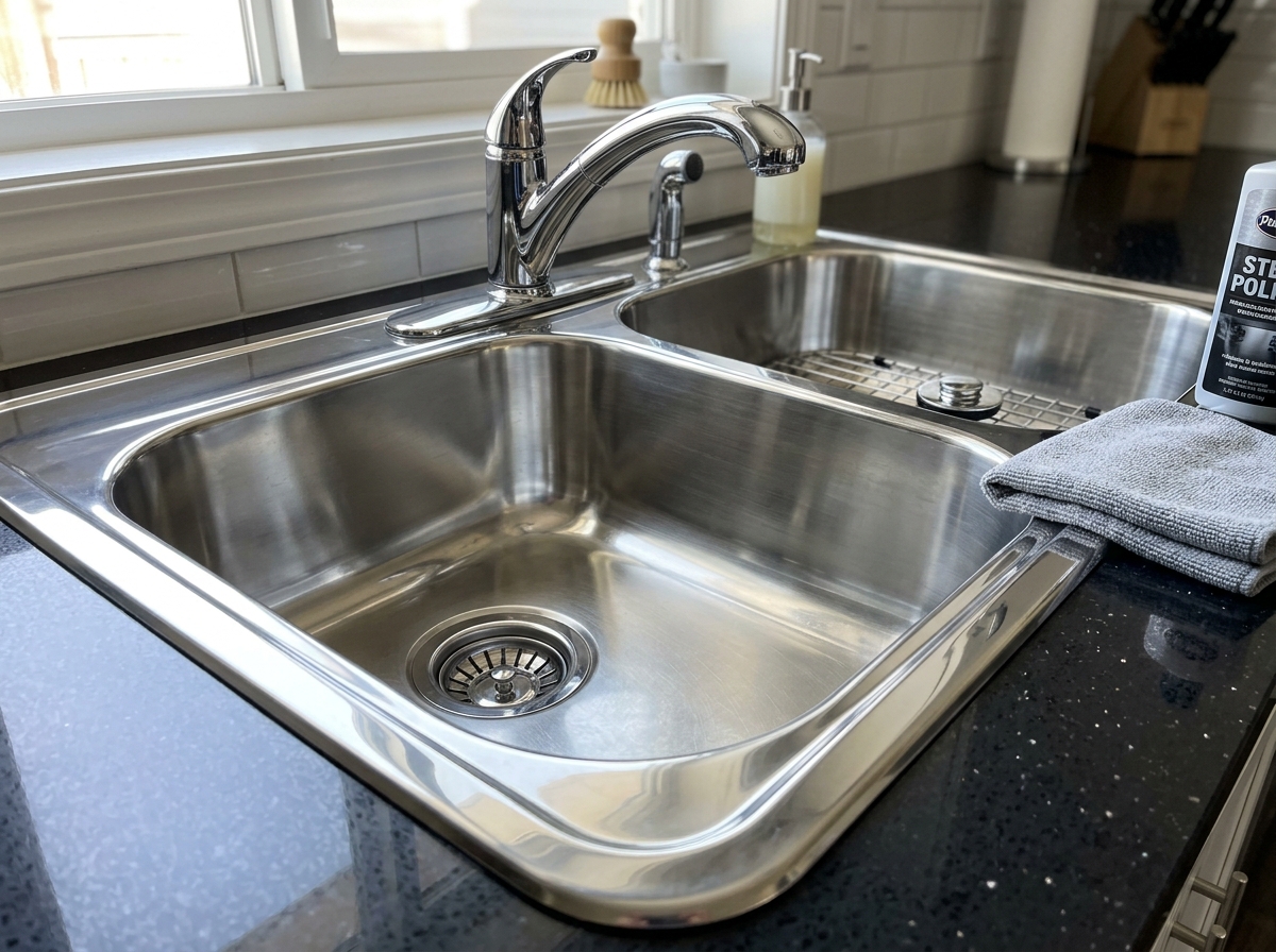 Stainless steel kitchen sink descaling — before and after — after